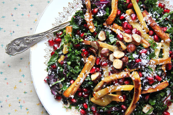 Christmas Dishes Recipes Kale, Pomegranate, and Caramelized Parsnip Salad